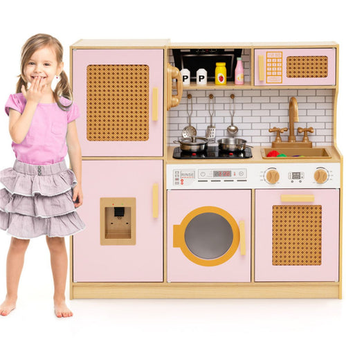 inQ Boutique - Kids Wooden Kitchen Playset 3+ with Fridge Sink Washing Machine with Realistic Light Sound Rattan Doors - Pink