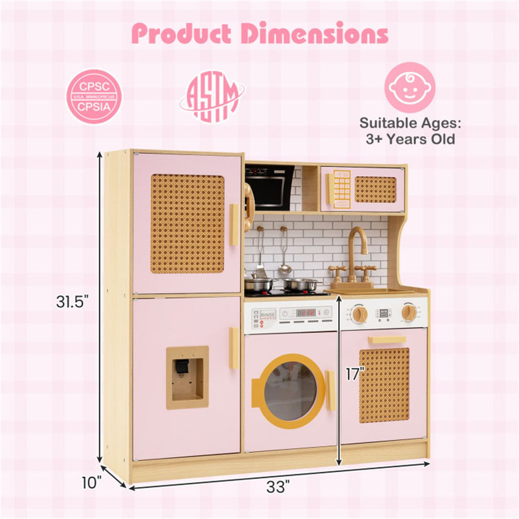 inQ Boutique - Kids Wooden Kitchen Playset 3+ with Fridge Sink Washing Machine with Realistic Light Sound Rattan Doors - Pink