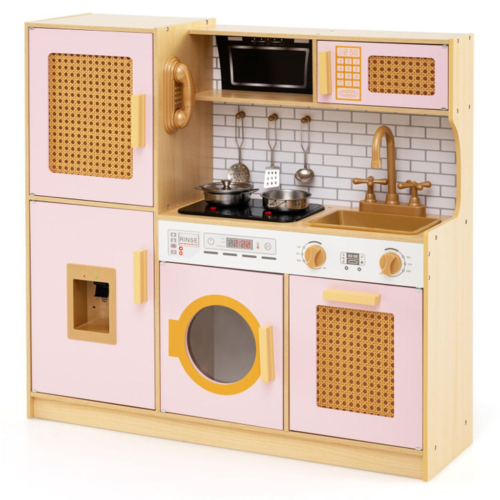 inQ Boutique - Kids Wooden Kitchen Playset 3+ with Fridge Sink Washing Machine with Realistic Light Sound Rattan Doors - Pink