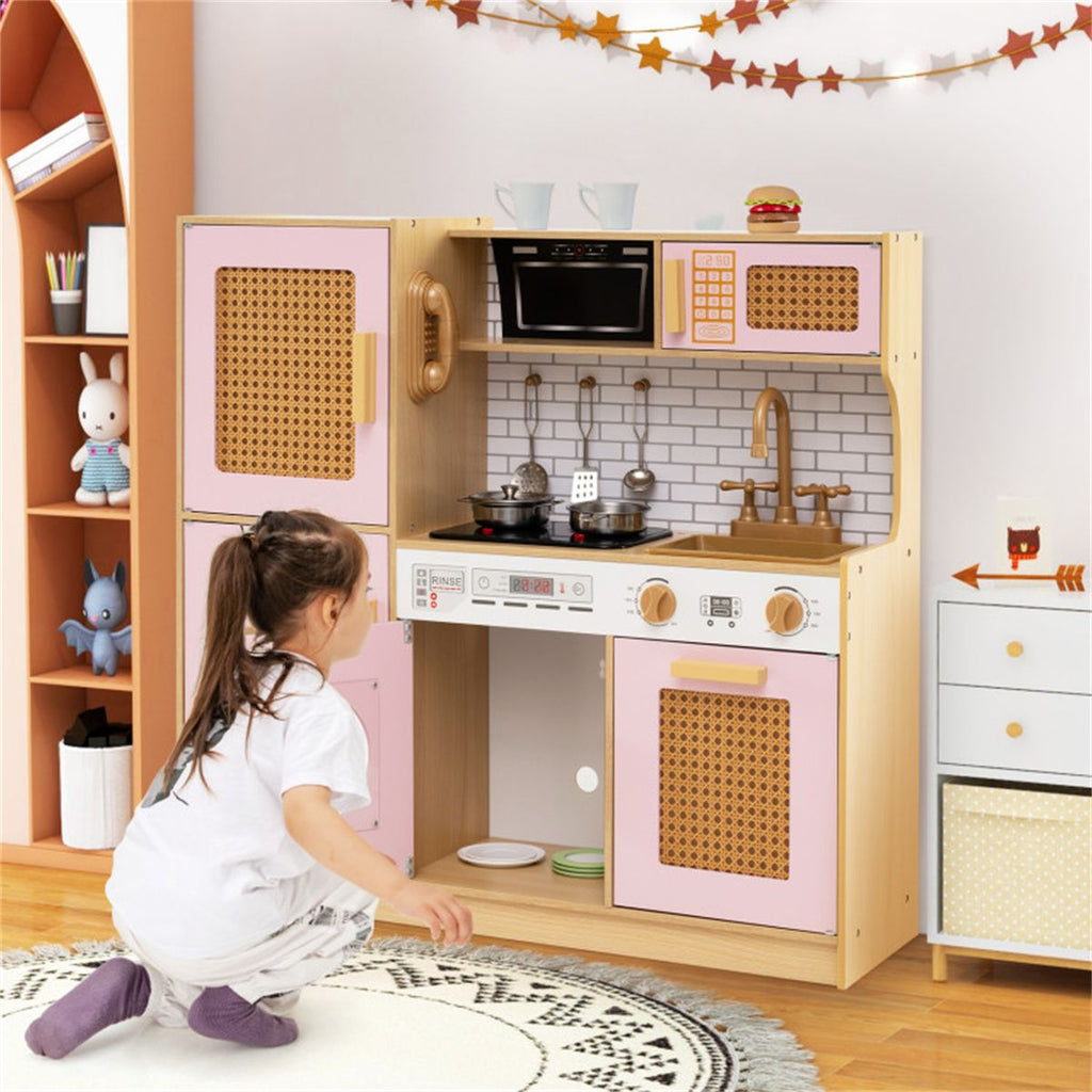 inQ Boutique - Kids Wooden Kitchen Playset 3+ with Fridge Sink Washing Machine with Realistic Light Sound Rattan Doors - Pink
