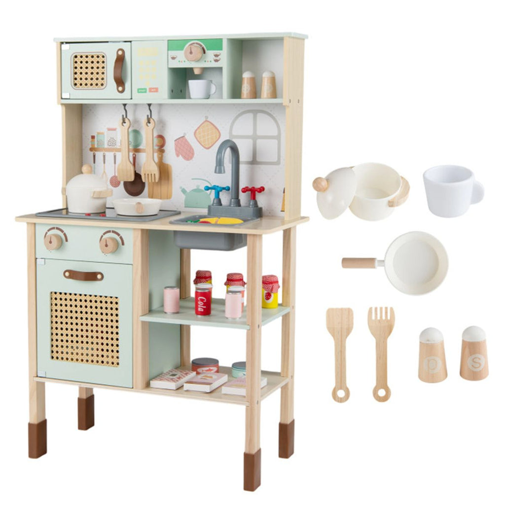 inQ Boutique - Green wooden children's play kitchen, interactive light/sound stove, with microwave/oven/blackboard storage options