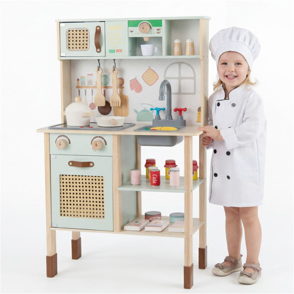 inQ Boutique - Green wooden children's play kitchen, interactive light/sound stove, with microwave/oven/blackboard storage options