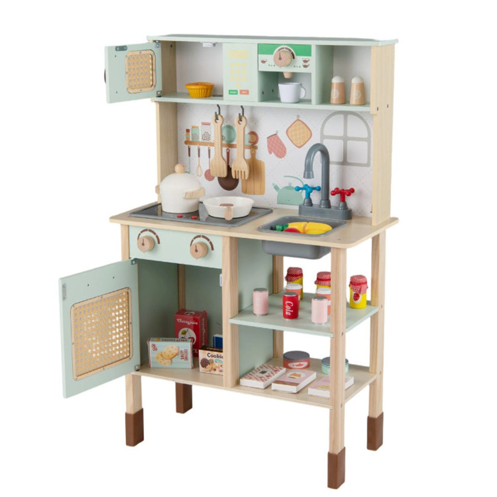 inQ Boutique - Green wooden children's play kitchen, interactive light/sound stove, with microwave/oven/blackboard storage options