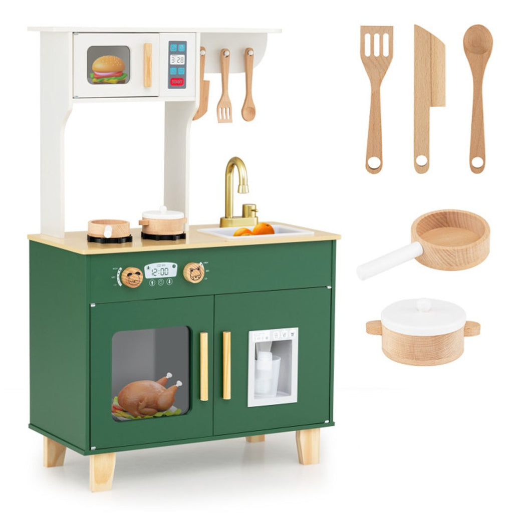 inQ Boutique - Green Kids Play Kitchen with Realistic Faucet & Ice Dispenser, Anti-Tipping Pretend Cooking Set for Ages 3-6