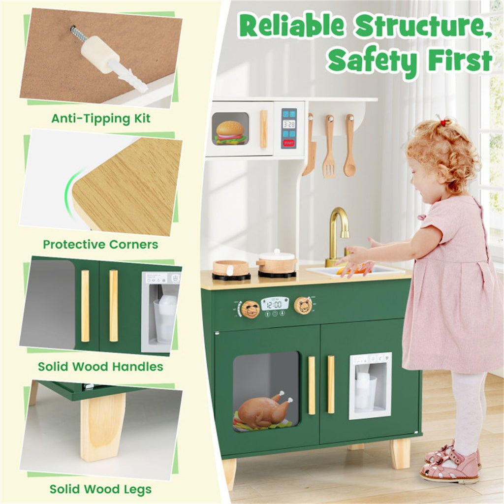inQ Boutique - Green Kids Play Kitchen with Realistic Faucet & Ice Dispenser, Anti-Tipping Pretend Cooking Set for Ages 3-6