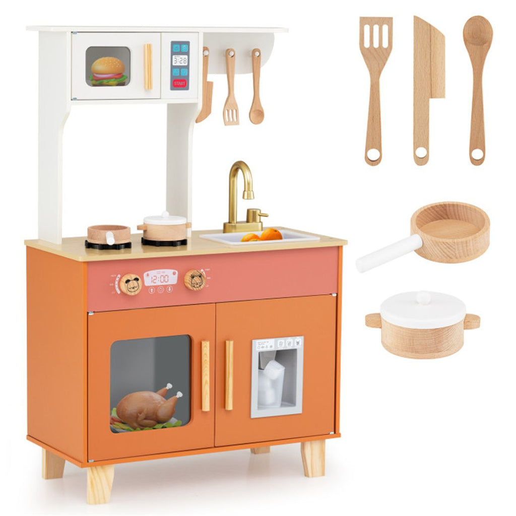 inQ Boutique - Orange Kids Play Kitchen with Realistic Faucet & Ice Dispenser, Anti-Tipping Pretend Cooking Set for Ages 3-6