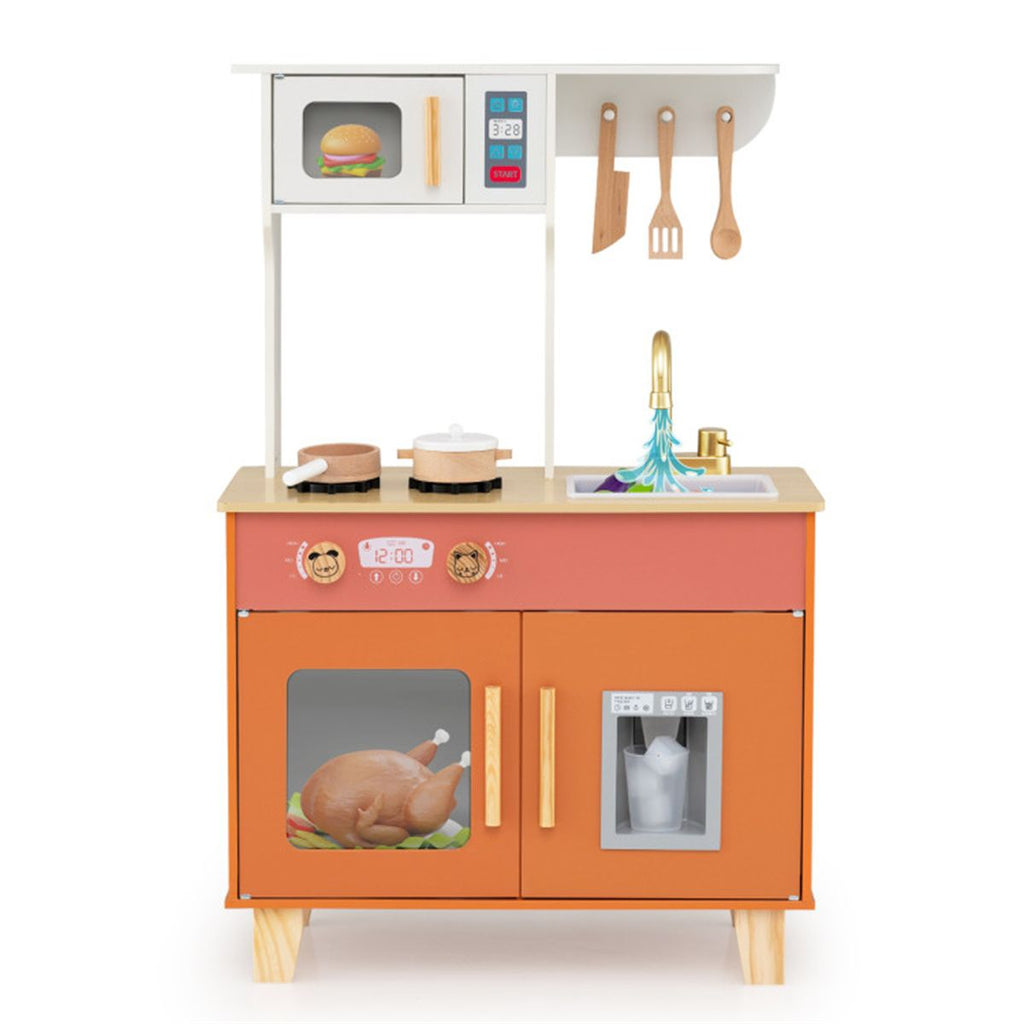 inQ Boutique - Orange Kids Play Kitchen with Realistic Faucet & Ice Dispenser, Anti-Tipping Pretend Cooking Set for Ages 3-6
