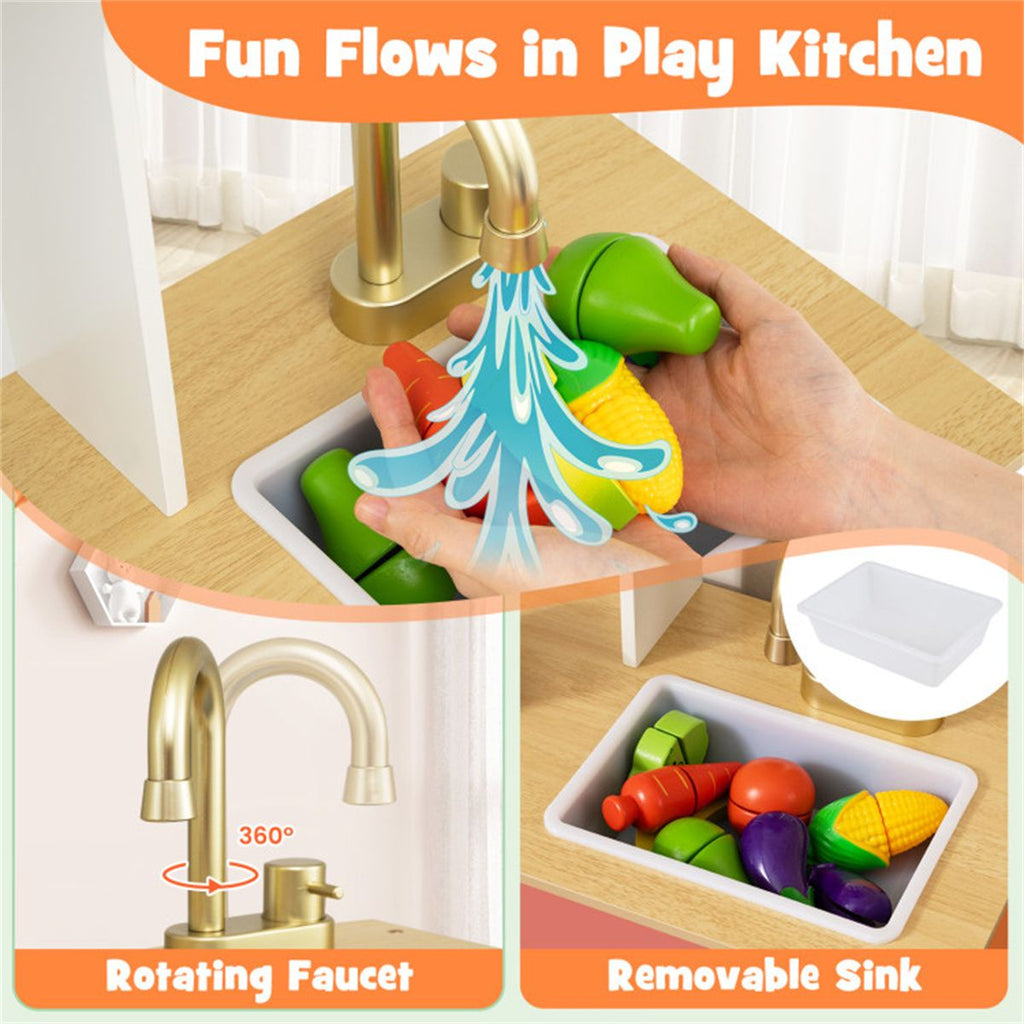 inQ Boutique - Orange Kids Play Kitchen with Realistic Faucet & Ice Dispenser, Anti-Tipping Pretend Cooking Set for Ages 3-6