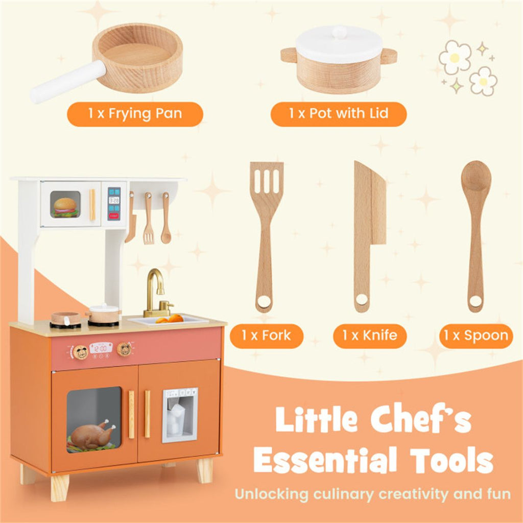 inQ Boutique - Orange Kids Play Kitchen with Realistic Faucet & Ice Dispenser, Anti-Tipping Pretend Cooking Set for Ages 3-6