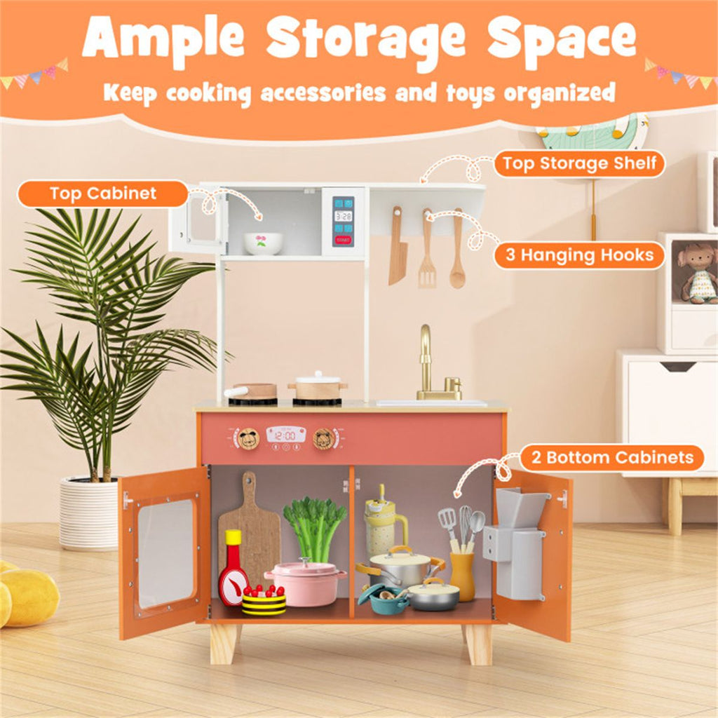 inQ Boutique - Orange Kids Play Kitchen with Realistic Faucet & Ice Dispenser, Anti-Tipping Pretend Cooking Set for Ages 3-6
