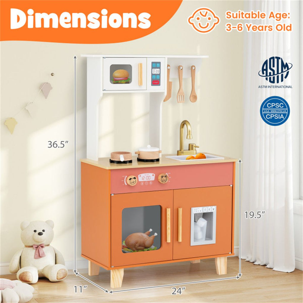 inQ Boutique - Orange Kids Play Kitchen with Realistic Faucet & Ice Dispenser, Anti-Tipping Pretend Cooking Set for Ages 3-6