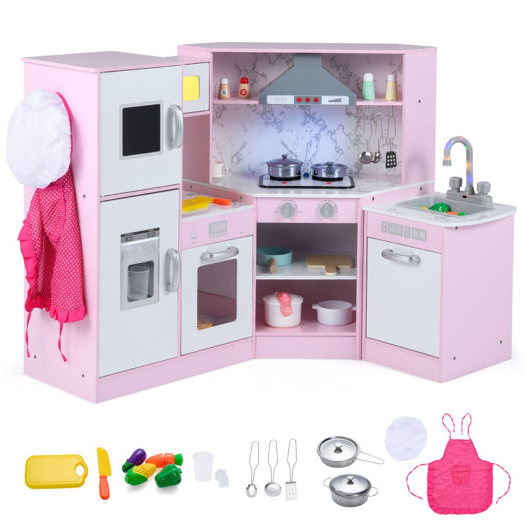 inQ Boutique - Interactive Kids Play Kitchen with Ice Maker & Chalkboard, Corner Design Pretend Cooking Set with Realistic Sound Effects-Pink