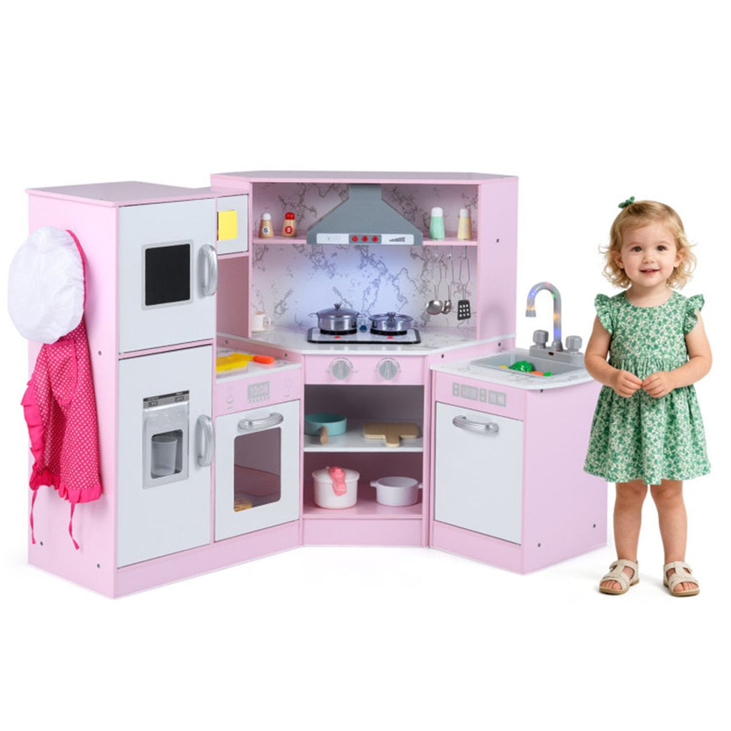 inQ Boutique - Interactive Kids Play Kitchen with Ice Maker & Chalkboard, Corner Design Pretend Cooking Set with Realistic Sound Effects-Pink