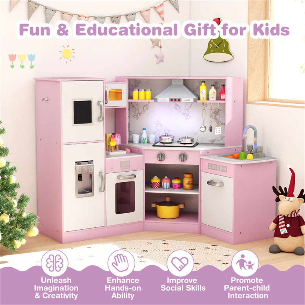 inQ Boutique - Interactive Kids Play Kitchen with Ice Maker & Chalkboard, Corner Design Pretend Cooking Set with Realistic Sound Effects-Pink