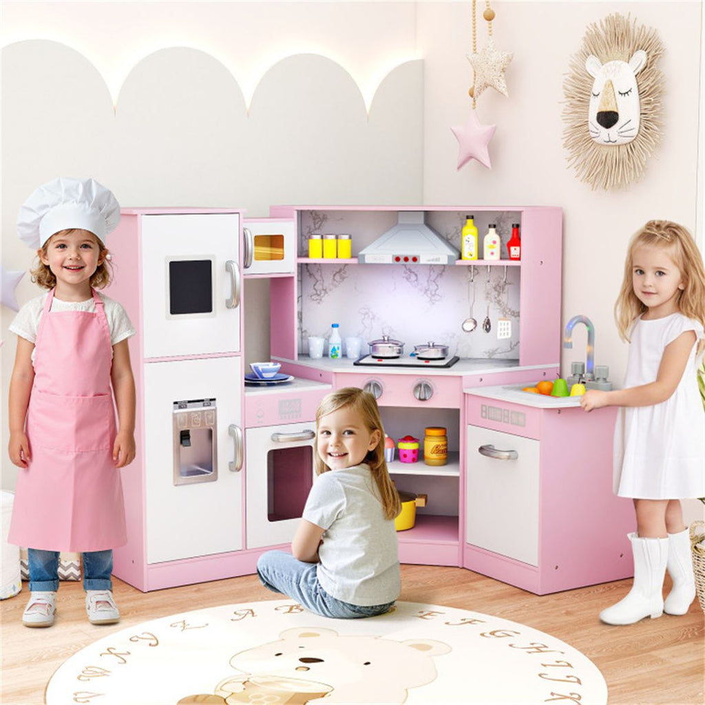 inQ Boutique - Interactive Kids Play Kitchen with Ice Maker & Chalkboard, Corner Design Pretend Cooking Set with Realistic Sound Effects-Pink