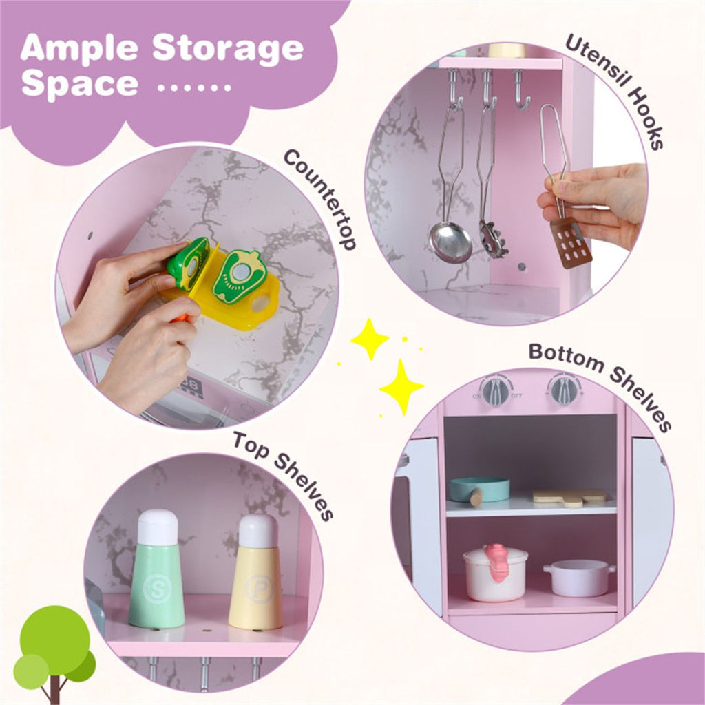 inQ Boutique - Interactive Kids Play Kitchen with Ice Maker & Chalkboard, Corner Design Pretend Cooking Set with Realistic Sound Effects-Pink