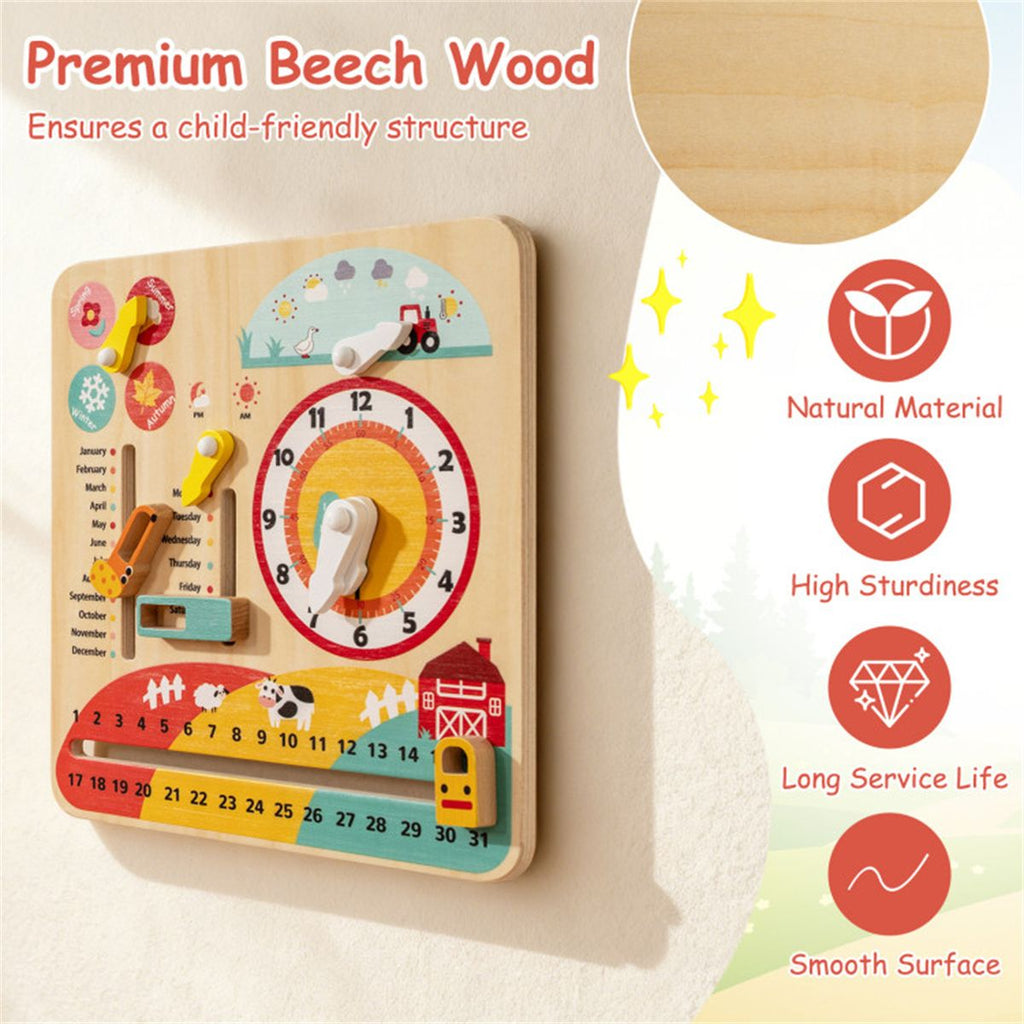 inQ Boutique - Montessori Wooden Time Learning Clock for Kids 3+, All-in-One Calendar Season Weather Educational Toy