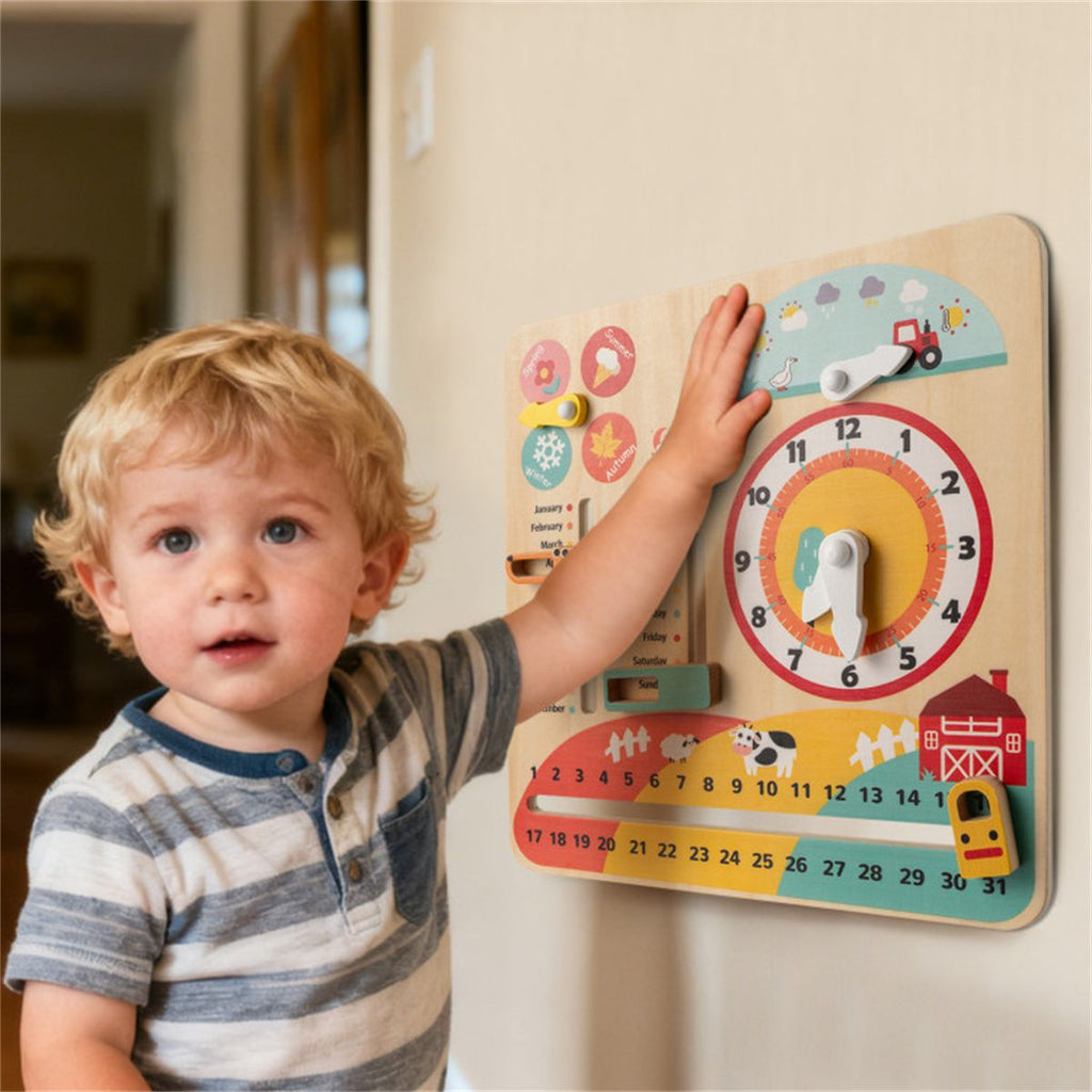 inQ Boutique - Montessori Wooden Time Learning Clock for Kids 3+, All-in-One Calendar Season Weather Educational Toy