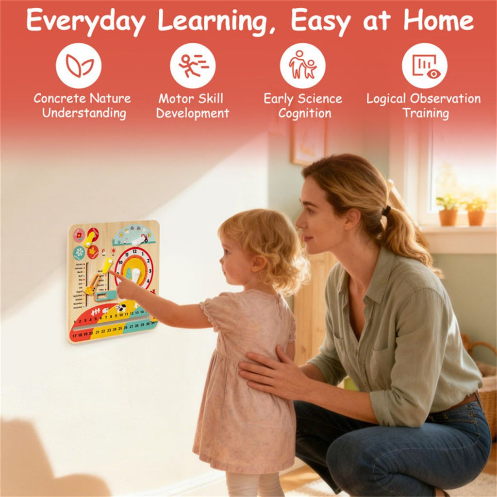inQ Boutique - Montessori Wooden Time Learning Clock for Kids 3+, All-in-One Calendar Season Weather Educational Toy
