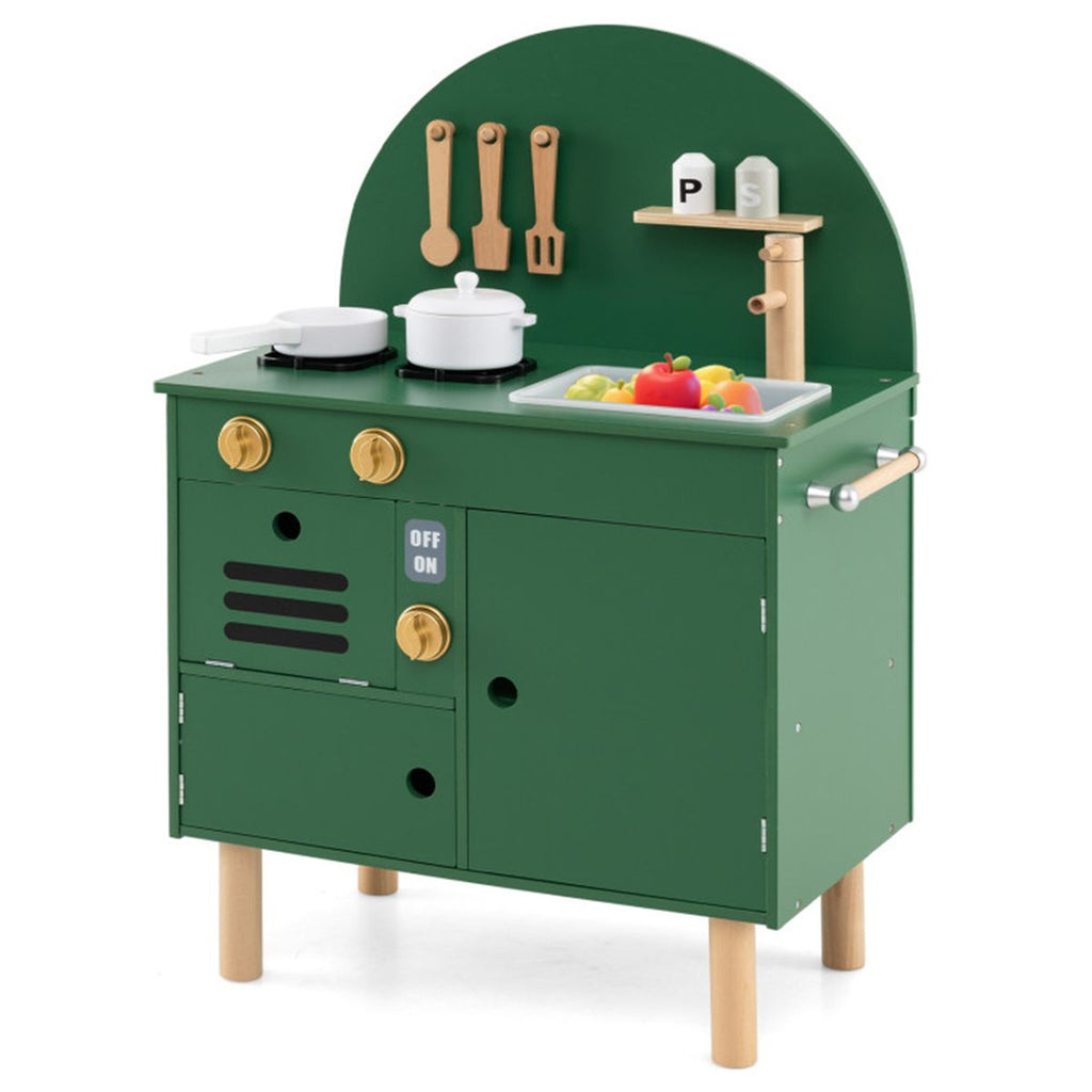 inQ Boutique - Green Wooden Kids Play Kitchen with Interactive Stove & Sink, ASTM/CPSIA Compliant Pretend Cooking Set for Ages 3+