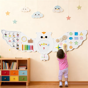 inQ Boutique - 11-in-1 Montessori Owl Activity Wall - STEM Sensory Busy Board with Magnetic Whiteboard, 3+ Years Old