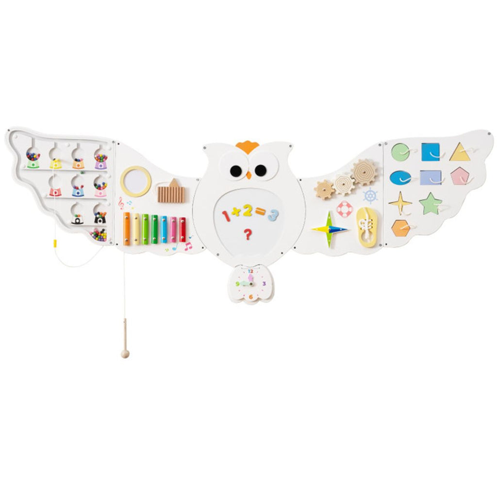 inQ Boutique - 11-in-1 Montessori Owl Activity Wall - STEM Sensory Busy Board with Magnetic Whiteboard, 3+ Years Old