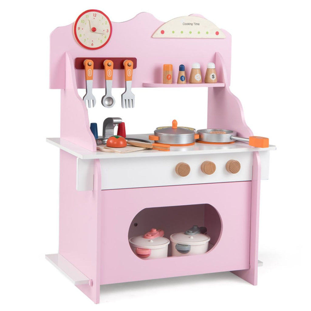 inQ Boutique - Pink Wooden Toddler Play Kitchen with Sink & Accessories, Safe Gift for Kids 3+