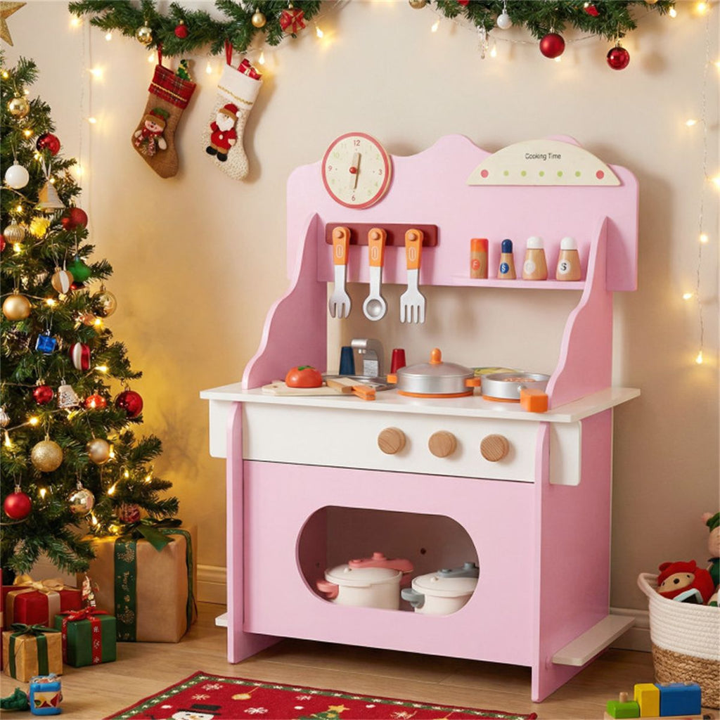 inQ Boutique - Pink Wooden Toddler Play Kitchen with Sink & Accessories, Safe Gift for Kids 3+