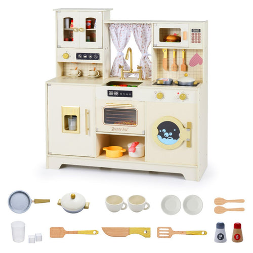 inQ Boutique - Beige Wooden Kids Play Kitchen with Rotatable Faucet & 14 Accessories,Pretend Cooking Set for Toddlers 3+