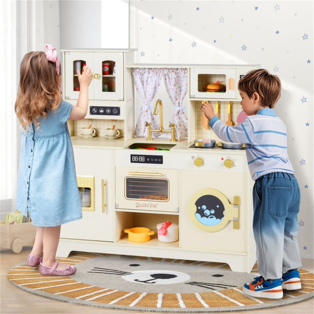 inQ Boutique - Beige Wooden Kids Play Kitchen with Rotatable Faucet & 14 Accessories,Pretend Cooking Set for Toddlers 3+