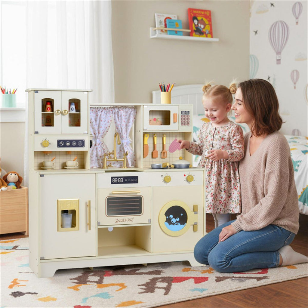 inQ Boutique - Beige Wooden Kids Play Kitchen with Rotatable Faucet & 14 Accessories,Pretend Cooking Set for Toddlers 3+