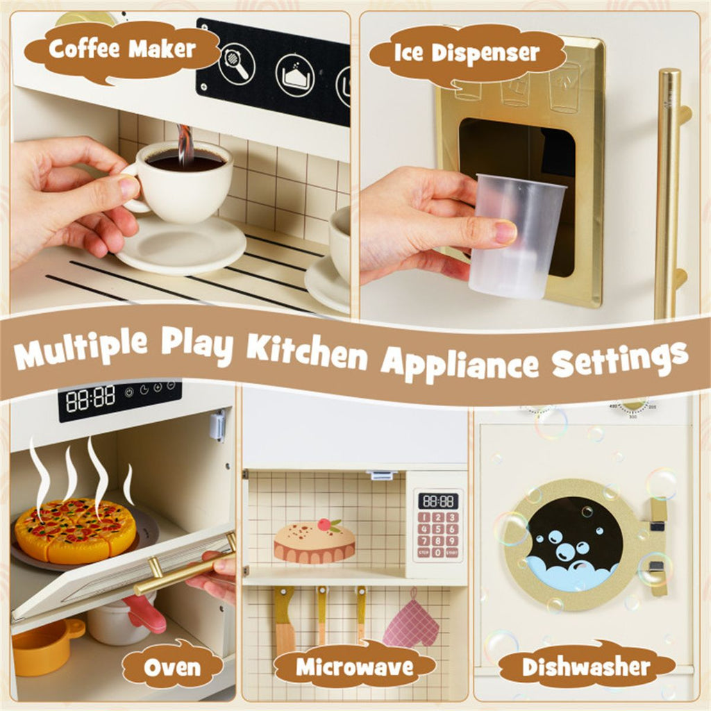 inQ Boutique - Beige Wooden Kids Play Kitchen with Rotatable Faucet & 14 Accessories,Pretend Cooking Set for Toddlers 3+