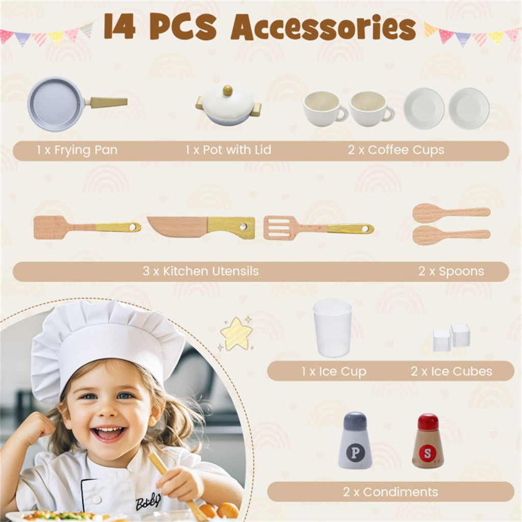 inQ Boutique - Beige Wooden Kids Play Kitchen with Rotatable Faucet & 14 Accessories,Pretend Cooking Set for Toddlers 3+