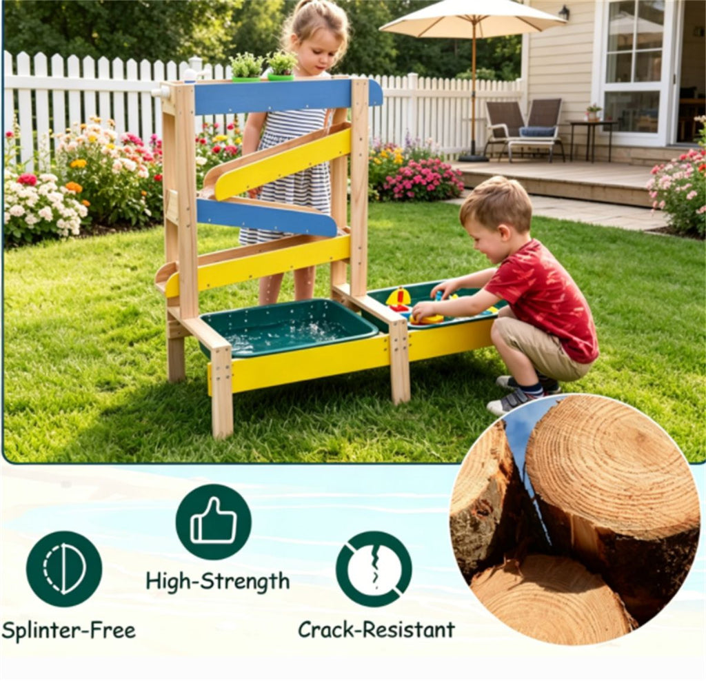 inQ Boutique - 3-in-1 Kids Sand Water Play Table, Fir Wood Outdoor Sensory Activity Table with Faucet & Accessories, Double Basin Play Toy for Toddlers Ages 3+