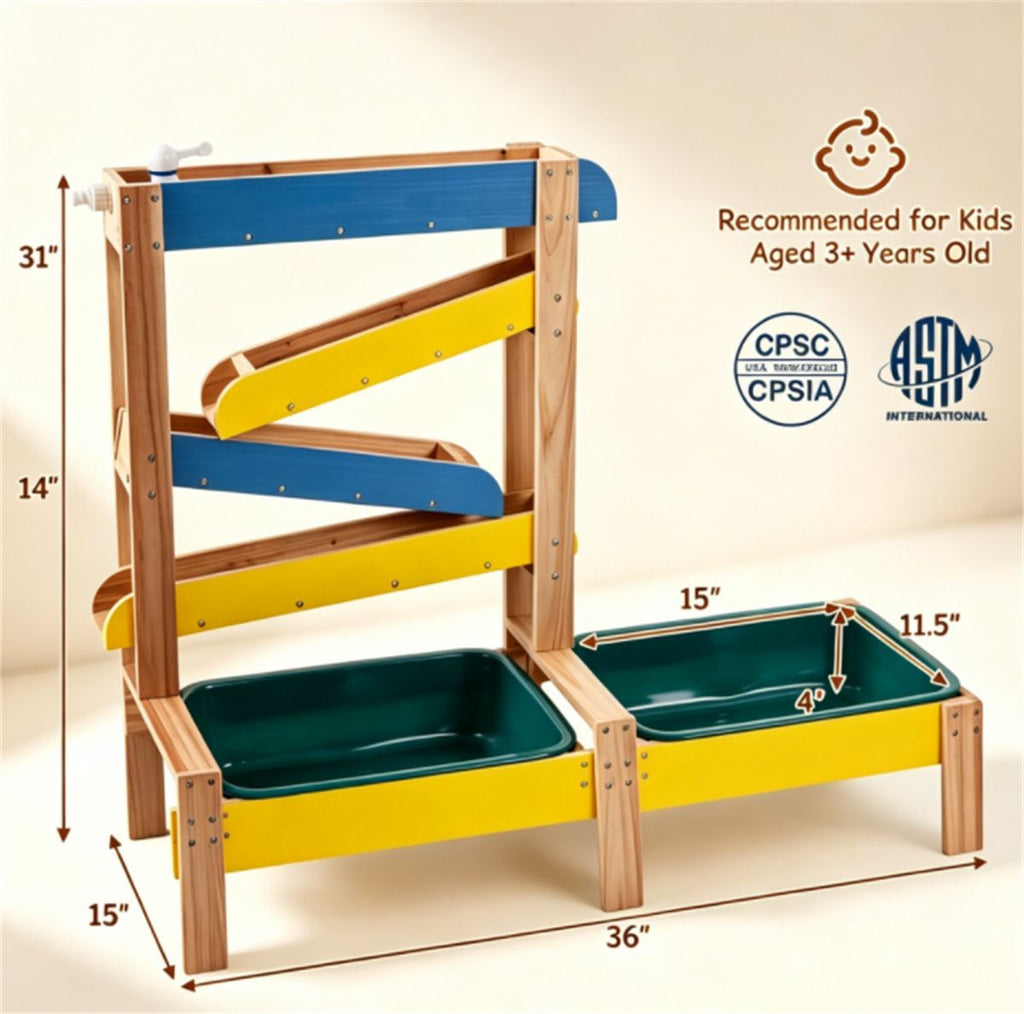 inQ Boutique - 3-in-1 Kids Sand Water Play Table, Fir Wood Outdoor Sensory Activity Table with Faucet & Accessories, Double Basin Play Toy for Toddlers Ages 3+