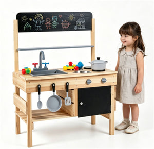 inQ Boutique - Natural Fir Wood Kids Outdoor Mud Kitchen Playset with Stainless Steel Sink & Stoves, Pretend Play Cooking Toy with Storage Hooks for Toddlers 3+