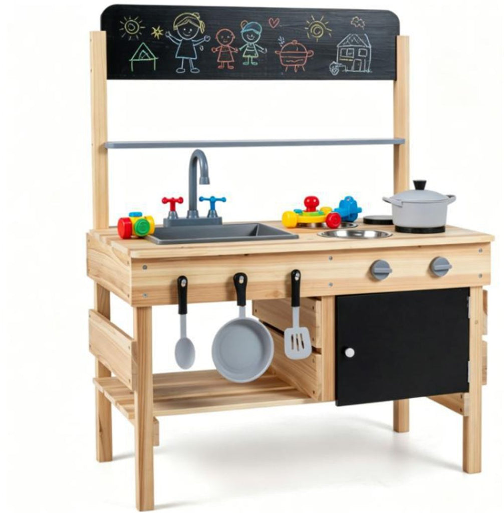 inQ Boutique - Natural Fir Wood Kids Outdoor Mud Kitchen Playset with Stainless Steel Sink & Stoves, Pretend Play Cooking Toy with Storage Hooks for Toddlers 3+