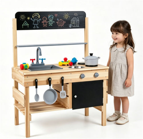 inQ Boutique - Natural Fir Wood Kids Outdoor Mud Kitchen Playset with Stainless Steel Sink & Stoves, Pretend Play Cooking Toy with Storage Hooks for Toddlers 3+