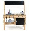 inQ Boutique - Natural Fir Wood Kids Outdoor Mud Kitchen Playset with Stainless Steel Sink & Stoves, Pretend Play Cooking Toy with Storage Hooks for Toddlers 3+