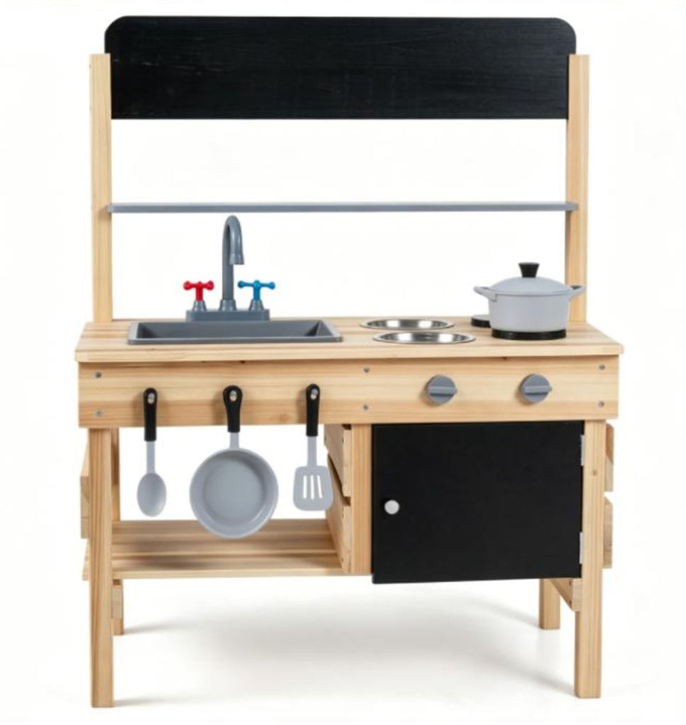 inQ Boutique - Natural Fir Wood Kids Outdoor Mud Kitchen Playset with Stainless Steel Sink & Stoves, Pretend Play Cooking Toy with Storage Hooks for Toddlers 3+