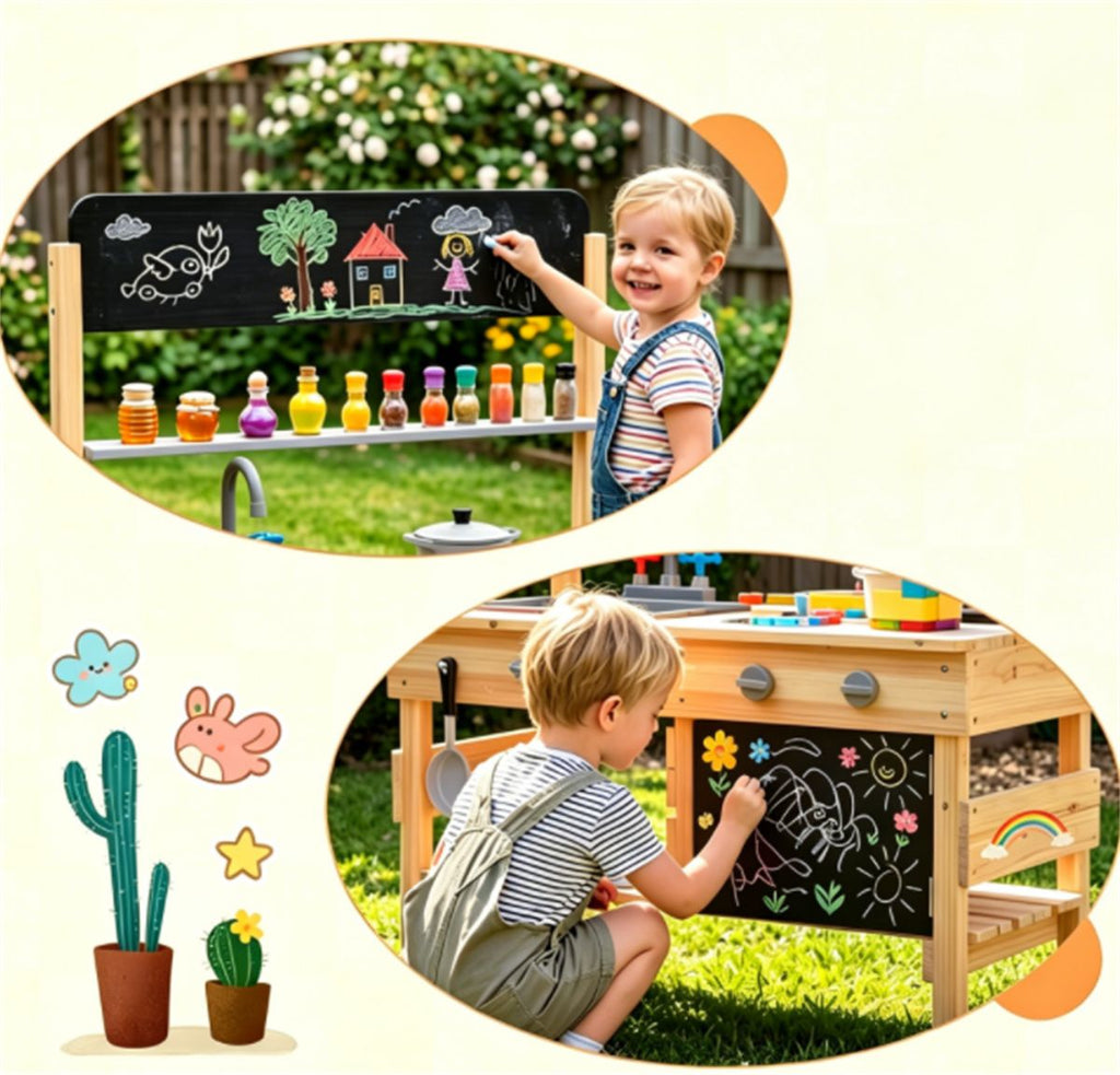 inQ Boutique - Natural Fir Wood Kids Outdoor Mud Kitchen Playset with Stainless Steel Sink & Stoves, Pretend Play Cooking Toy with Storage Hooks for Toddlers 3+