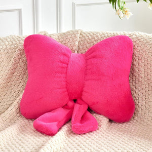 Bright Living - Hot Pink Bow Pillow, Soft Bow Decorative Pillows with Faux Rabbit Fur, Cute 16'' Bow Throw Pillows, Aesthetic Home Decor Bow Shaped Plush Pillow for Bedroom Sofa Couch