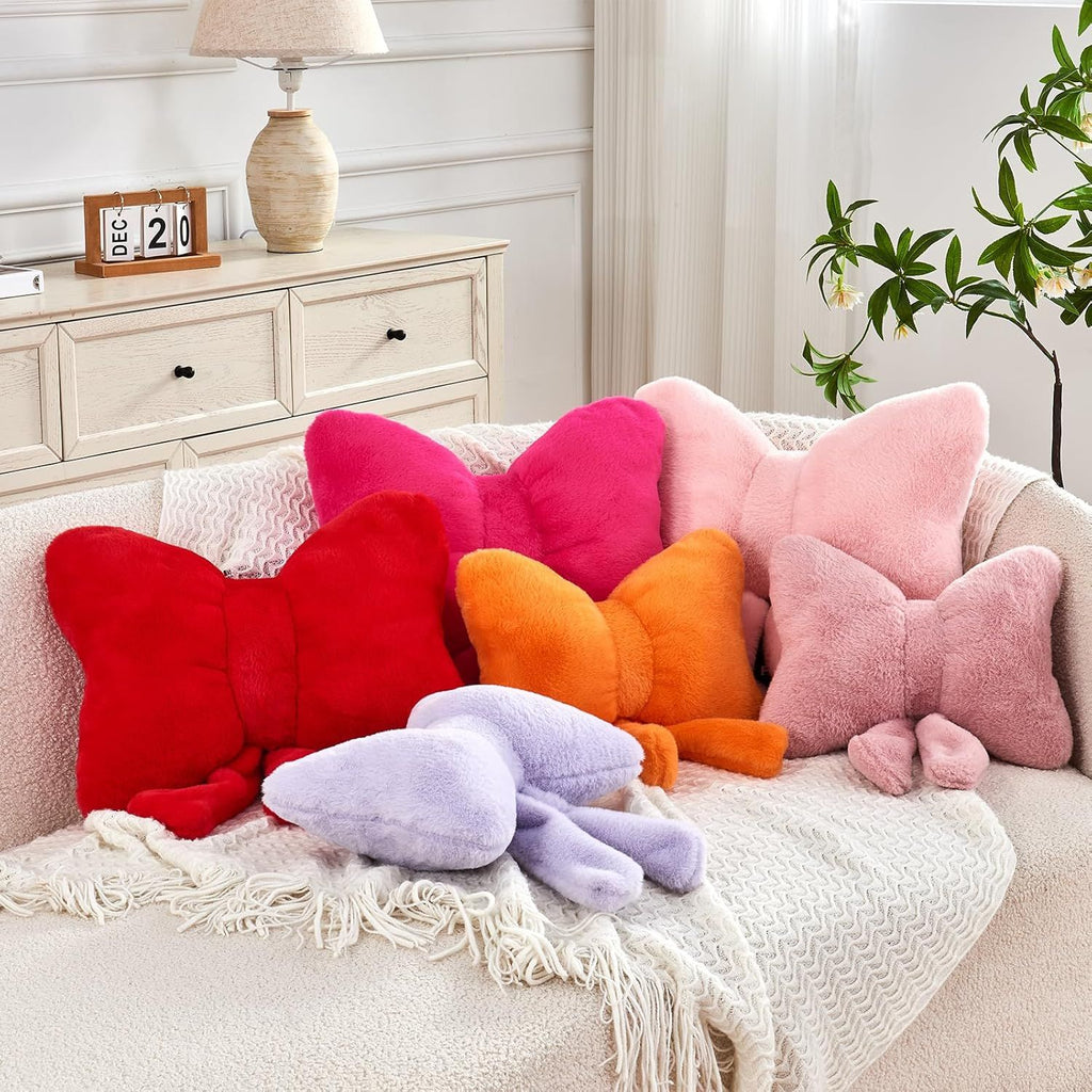 Bright Living - Hot Pink Bow Pillow, Soft Bow Decorative Pillows with Faux Rabbit Fur, Cute 16'' Bow Throw Pillows, Aesthetic Home Decor Bow Shaped Plush Pillow for Bedroom Sofa Couch