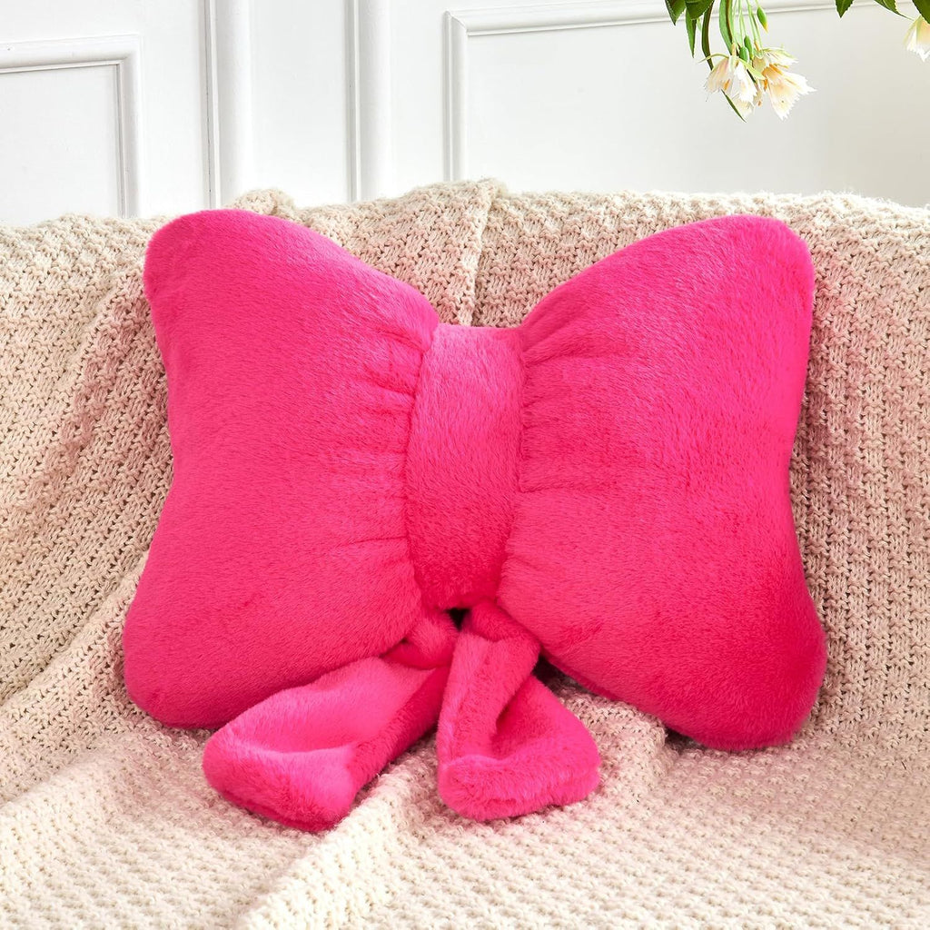 Bright Living - Hot Pink Bow Pillow, Soft Bow Decorative Pillows with Faux Rabbit Fur, Cute 16'' Bow Throw Pillows, Aesthetic Home Decor Bow Shaped Plush Pillow for Bedroom Sofa Couch