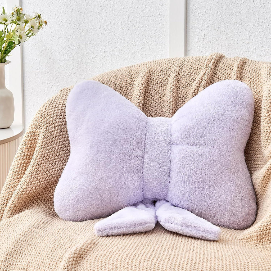 Bright Living - Lavender Bow Pillow,12'' Bow Decorative Pillows with Faux Rabbit Fur,Soft Bow Throw Pillows Aesthetic Bow Shaped Pillow for Bed Sofa Couch Home Decor