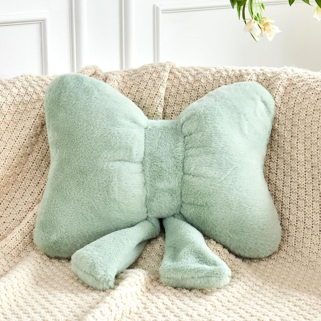 Bright Living - Sage Green Bow Pillow, Soft Bow Decorative Pillows with Faux Rabbit Fur, Cute 16'' Bow Throw Pillows, Aesthetic Home Decor Bow Shaped Plush Pillow for Bedroom Sofa Couch