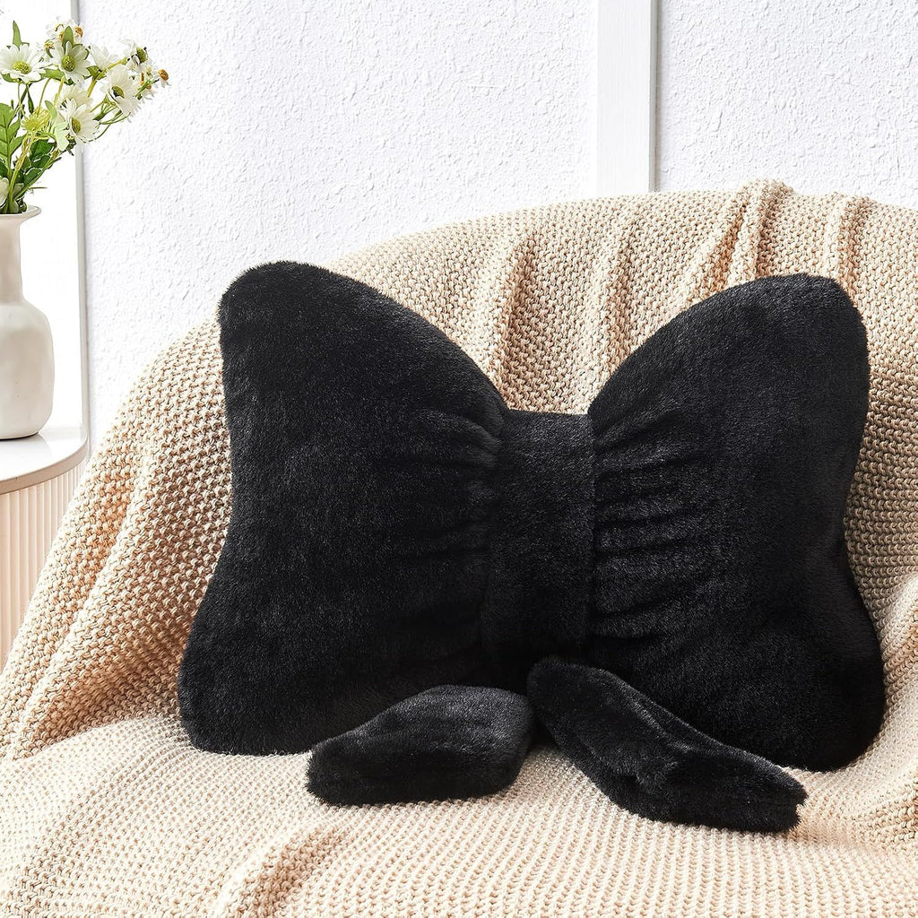 Bright Living - Black Bow Pillow,16'' Bow Decorative Pillows with Faux Rabbit Fur,Soft Bow Throw Pillows Aesthetic Bow Shaped Pillow for Bed Sofa Couch Home Decor