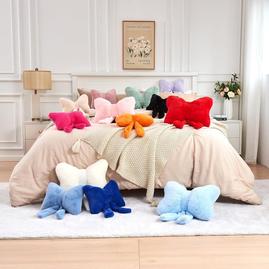 Bright Living - Bow Pillow, Soft Bow Decorative Pillows with Faux Rabbit Fur, Cute Bow Throw Pillows, Aesthetic Home Decor Bow Shaped Plush Pillow for Bedroom Sofa Couch (Royal Blue, Large-16 Inch)