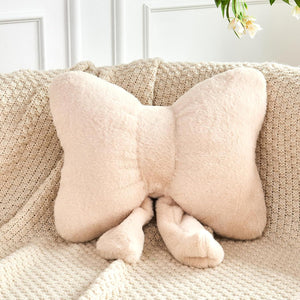 Bright Living - Beige Bow Pillow, Soft Bow Decorative Pillows with Faux Rabbit Fur, Cute 12'' Bow Throw Pillows, Aesthetic Home Decor Bow Shaped Plush Pillow for Bedroom Sofa Couch
