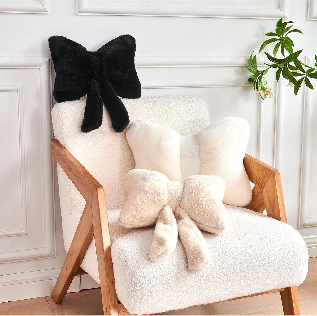 Bright Living - Beige Bow Pillow, Soft Bow Decorative Pillows with Faux Rabbit Fur, Cute 12'' Bow Throw Pillows, Aesthetic Home Decor Bow Shaped Plush Pillow for Bedroom Sofa Couch